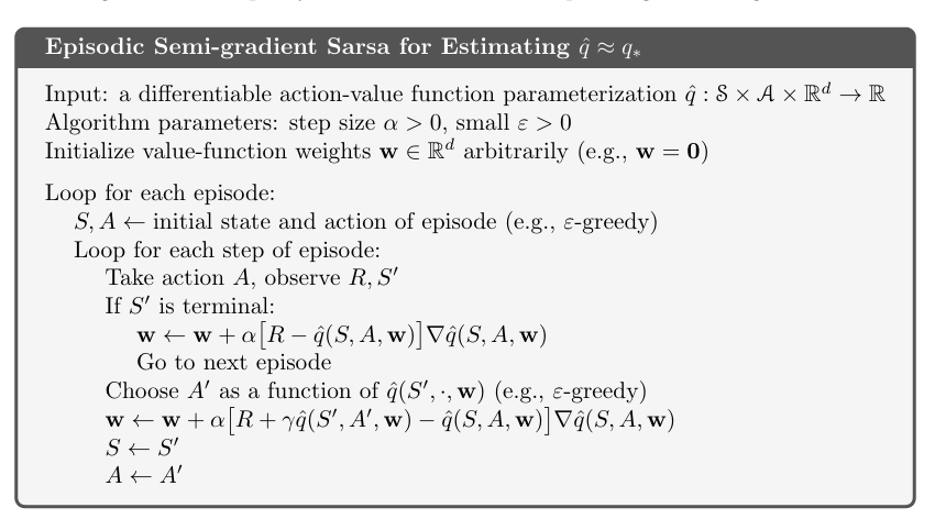 10_1_3_episodic_semi_gradient_sarsa_pseudo_code